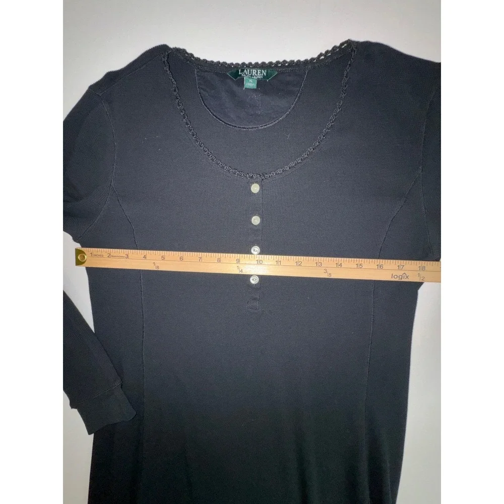 Lauren Ralph Lauren Black Waffle Knit Henley‎ Thermal Nightgown Pajamas XL